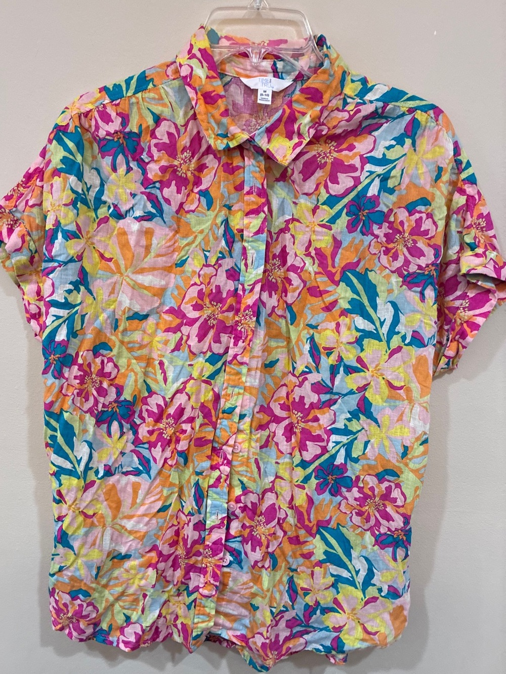 Time and Tru Pink Teal Floral Short-Sleeve Button-Down Shirt